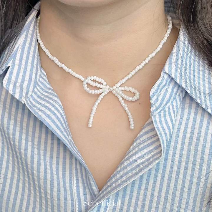 ꒰พร้อมส่ง꒱ ♡ Ribbon Necklace ⋆୨୧˚ | สร้อยคอลูกปัดผูกโบว์ | สร้อยคอจี้ ...