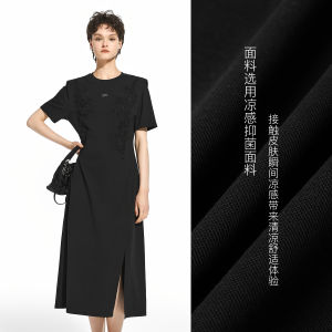 ชุดเดรสยาวปานกลางแขนสั้นสีดำหรูหราสำหรับผู้หญิง เดรสทรงเอเอวสูง ผ้าโพลีเอสเตอร์ ทรงหลวม ฤดูร้อน 2025 ชุดเดรสยาวปานกลาง