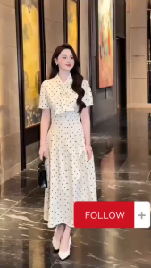 QC_ Đầm công sở thanh lịch outfit thanh lịch nữ tính đầm midi chấm bi sang trọng váy tiểu thư dáng dài Mango chấm bi nơ cổ tay ngắn style vintage Hàn Quốc