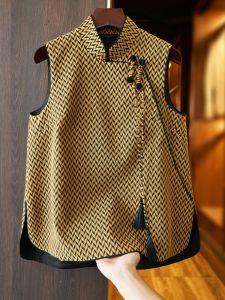 Young Style Improved Yellow Vest Backless Floral Embroidery Chinese Traditional Button up Top Polyester Fiber Commute Style