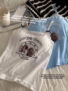 Sweet Cool Spicy Blue Rabbit Print Strap Wrap Chest Slim Fit Short Top Women's Vest Knitted Nylon Blend Spring Fashion