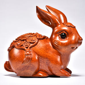 Handmade Rosewood Oryza Sativa Carved Rabbit Animal Figurine Decorative Ornaments Chinese Zodiac Fortune Wealth Ancient Style