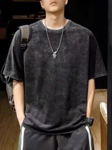 American Retro Vintage Short Sleeve T-Shirt Men Summer Heavyweight Pure Cotton Washed Loose Half Sleeve Body Shirt Top