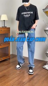 Quần jean quần bò nam nữ ống rộng SUN 09 Màu Xanh thiết kế cạp chun dễ phối đồ phong cách hàn quốc