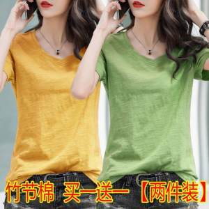 Single/Two Pieces Slub Cotton V-neck T-Shirt Womens Short Sleeve Summer New Arrival Loose plus Size Underwear Solid Color Half-Sleeve Top