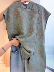 QINGNAER | Large Size Chinese Style Womens Shirt Grey Jacquard Mandarin Collar