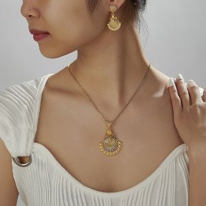 SEQUITO Stunning Goddess Yellow Gold Plated Jewelry Set Statement Hollow Out Long Drop Earrings Pendant Chain Necklace for Party Accessories SJ427