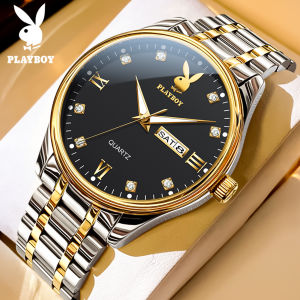 PLAYBOY นาฬิกาควอตซ์ของผู้ชายเพลย์บอยกันน้ำเรียบง่ายประดับเพชรคริสตัลหรูหราสองโทนพร้อมจอแสดงผลวันที่และวัน