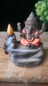 พระพิฆเนศ เชิงกำยาน ทรงเครื่องทอง ประทับดอกบัว ปางประทานพร พร้อมธูปหอมกำยาน ควันน้ำตก แถมกำยาน20ดอก หลอมเหลวกระถางธูป