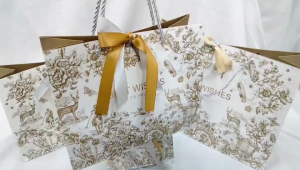 HUI ถุงกระดาษผูกโบว์ ถุงของขวัญ ถุงหูหิ้วเชือก เรียบหรู ดูเเพง สีขาวลายทอง ใส่ของของขวัญ มอบเป็น ของชำร่วย