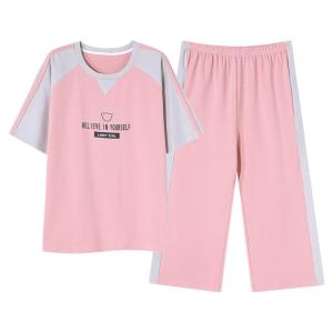 MiiOW | Pure Cotton Womens Sleepwear Shortsleeve Seven Leggings Home Clothes Set With Chest Pad Summer Thin Cotton Sportswear