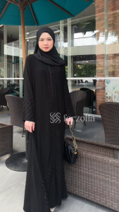 Hawa 768 Gamis Abaya Arab Hitam Jeblack Aplikasi Mote Swarovski Ziper Depan/Busui
