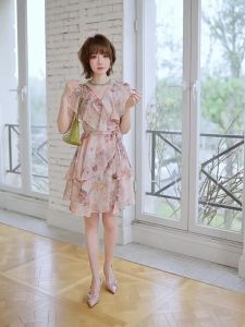 French V-Neck Ruffle Waist Dress Print Short