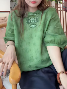 Elegant Thin Embroidered Shirt Womens Summer Fashion Large Size plus Size Slimming Top Chinese National Style Button Design