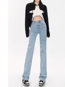 High Waist Slim Straight Leg Denim Jeans Womens Autumn Winter Thickened Elastic Narrow Version Long Pants Casual Style