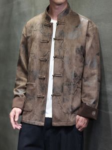 New Chinese Style Long Sleeve Suede Jacket Loose Fit Button up Outerwear for Men Autumn Winter Fashion Casual Hanfu Coat