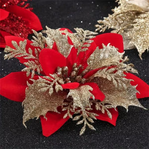 10pcs 14.5cm Artificial Christmas Flowers with Clips Glitter Simulated Maple Leaf Golden Pink Christmas Flower Heads for Holiday