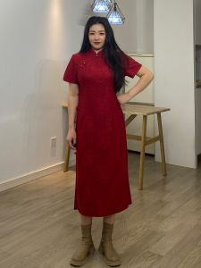 Red New Chinese Style Wedding Dress Large Size Womens Summer New Arrival Qipao Cheongsam High Slit Short Sleeve Midi Dress