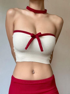 Sweet And Spicy Girl Butterfly Knot Color Block Ribbed Strapless Slim Fit Vest Knitted Regular Thickness Autumn Season Ladies Fashion