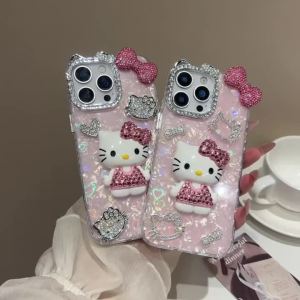 Sanrio | Luxury Diamond Hello Kitty Phone Case For iPhone 11 12 13 14 15 16 17 18 Pro Max 14 15 16 Plus Shockproof INS Girls Back Cover