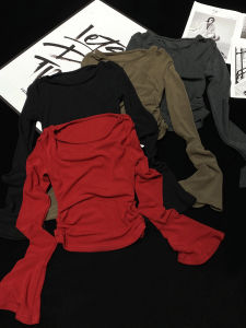 CCAINS round Neck Pleated Flared Sleeve Base Shirt Short Pure Desire Style Womens Top Commute Spring Long Sleeve Slim Fit T-shirt