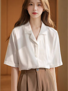 White V-Neck Short Sleeve Chiffon Shirt Womens Business Formal Interview Top Korean Style Loose Fit Button Placket Summer New