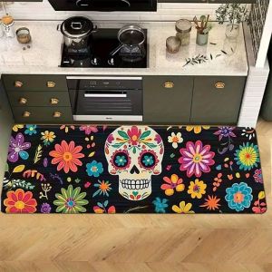 Bộ Thảm Trải Sàn Nhà Bếp In Hoa Đầy Màu Sắc VIKAMA Sugar Skull & Colorful Thảm Mềm Chống Trượt Chống Thấm Nước Để Trang Trí Nhà Cửa 100% Polyester