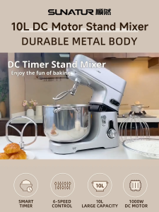 [10L DC Quiet] SUNATUR Automatic Stand Mixer 1000W Dual Dough Hook & Egg Beater Smart Timer 6-Speed Metal Body  1 Year Warranty