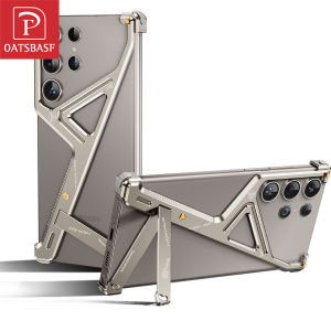 Oatsbasf Metal Phone Case for Samsung Galaxy S24 Ultra w/ Adjustable Kickstand Geometric Phone Protective Cover Framless Bumper