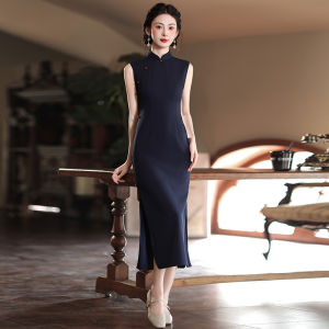 SUCHENGYIHONGYAN | Blue Modernized Cheongsam Summer Sleeveless Slim Fitting Dress