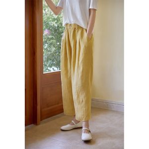 Slimming Wide Leg Cotton Linen Nine Point Pants Women Small Size High End Casual Cucumber Pants Summer Thin Cotton Linen Loose Fit Trousers