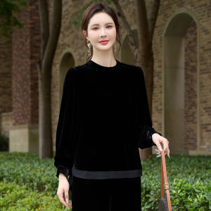 Áo Thun Lụa Velvet Đẹp cho Phụ Nữ Màu Đen Cổ Tròn Tay Dài
