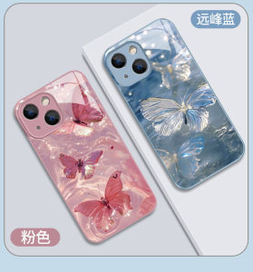 KISSCASE Luxury Butterfly Painted Metal Glass Phone Case For iphone 15 14 13 12 11 Pro Max Plus INS Style Cartoon Lens Protection All-inclusive Anti-fall Shockproof Back Cover For iphone X XR XS Max