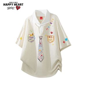 CHARLES JANGS HAPPY HEART | Heart Pattern Faux Two Piece Collared Polo Shirt Loose