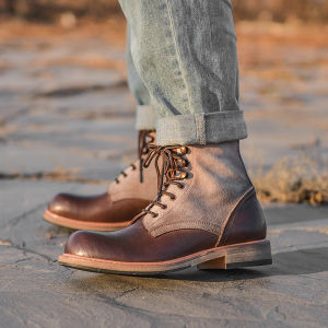 Full-grain Leather American Vintage Color Block Round Toe Martin Boots Mid-cut