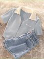 Girls Summer Outfit Set Zipper Short Sleeve Denim Shorts Casual Sweet Korean Style Children's Clothing Two-Piece Set Irregular Design. 