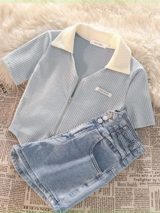 Girls%20Summer%20Outfit%20Set%20Zipper%20Short%20Sleeve%20Denim%20Shorts%20Casual%20Sweet%20Korean%20Style%20Children's%20Clothing%20Two-Piece%20Set%20Irregular%20Design%20-%20Image%203