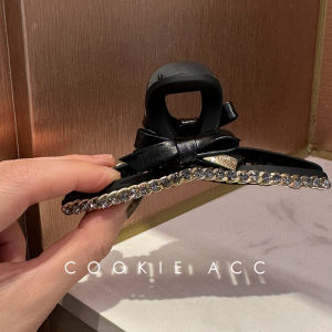 เครื่องประดับผมแบบมีสายโซ่โลหะสีดำและสีกรมท่า Cookie แฟชั่นเกาหลี คลิปจับผมสำหรับยึดผมที่หัวหลัง คลิปผมแบบมีหางม้า