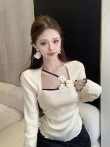 GUZILIAN | เสื้อถักคอเหลี่ยมลายดอกไม้สำหรับผู้หญิง เสื้อชั้นในฤดูใบไม้ร่วง/ฤดูหนาว เสื้อชั้นในแบบสวมสบาย เสื้อคลุมกันหนาวแบบสวมได้หลายชั้น