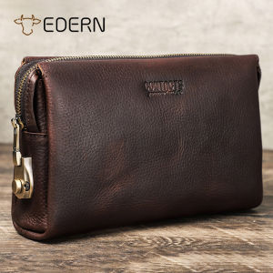 EDERN Genuine Leather Mens Clutch Bag Retro Fashion Cowhide Wallet Anti-theft Combination Lock Wallet Long Zipper Wallet Phone Pouch
