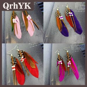 QrhYK Fashion Tassel Dangling Earrings Feather Leather Beads Earrings Indian Feathers