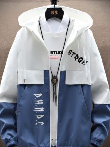 Spring Autumn Mens Casual Hooded Jacket Thin Style Korean Version Workwear Coat for Teenagers Students Breathable Polyester Fabric