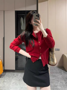 CHOEFULYN | Elegant Red Short Knitted Cardigan