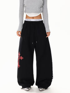 Trendy Streetwear Cross Print Sweatpants Womens Loose Straight Leg Jazz Pants High Waist Long Trousers Autumn New Arrival