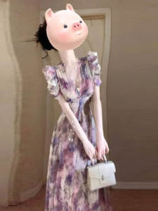 French Style Floral Print Maxi Dress Womens Summer Tea Break Bubble Sleeve Waist Cinched Unique Beautiful Long Dress