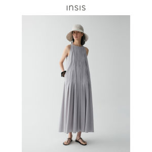 INSIS FEMME | Simple Sleeveless Slit Dress with Tuck A-line Design Tencel Cotton Fabric for Summer