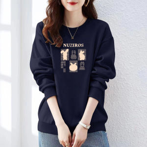 เสื้อฮู้ดคอกลมแขนยาวผ้าฝ้ายแท้หนาสำหรับผู้หญิงฤดูใบไม้ร่วง/ฤดูหนาว เสื้อสเวตเตอร์แฟชั่นลำลอง ทรงหลวม อบอุ่น ทรงเข้ารูป เสื้อผ้าทำงานสไตล์เกาหลี