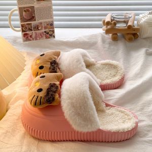 Dép Nữ Dễ Thương Kitty Cat Bằng Cotton Đế PVC Ấm Áp Mùa Đông Thời Trang Trong Nhà Đế Bằng Cho Cặp Đôi Dép Cotton Mùa Đông