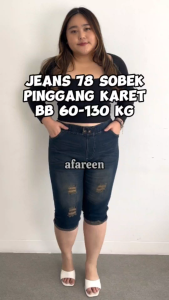 AFAREEN - Celana Jeans 78 Wanita Jumbo Jeans 7/8 Pinggang Full Karet Sobek Celana Pendek Jeans Wanita Plus Size 35-42
