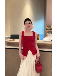 YUEZHONGWEI | Red Knitted Strap Vest Women Summer Outerwear Unique Beautiful Slim Fit Side Slit Square Collar Top Commute Style Single Piece